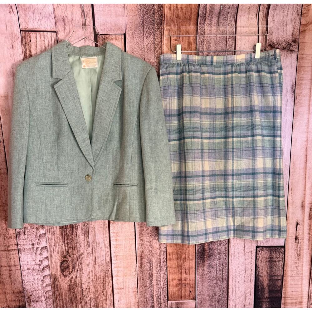 Vintage Pendleton Wool Blazer Plaid Skirt Coordinating Set USA Green Size 16/14